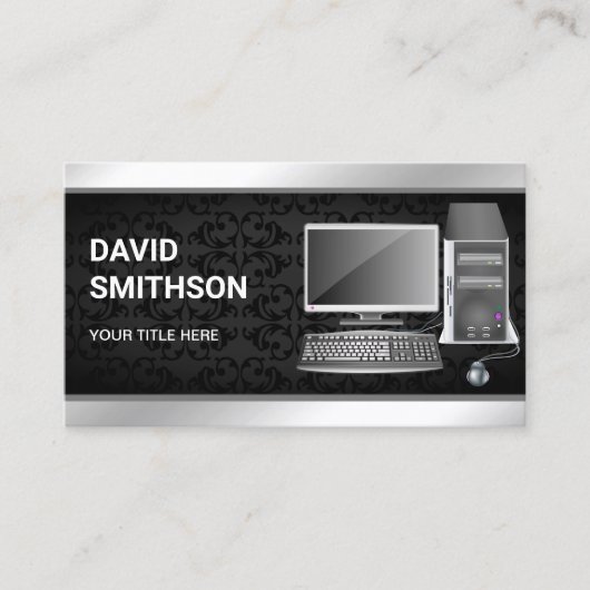 Black Damask Desktop PC Computer Reparaturtechnike Visitenkarte (Vorderseite)