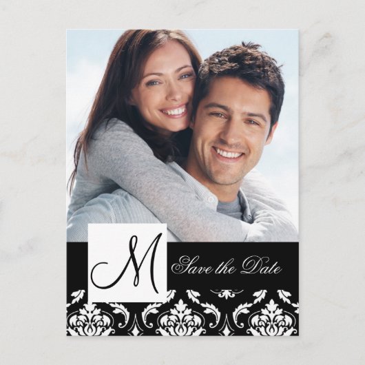 Black Damask Foto Save the Date Postkarte (Vorderseite)