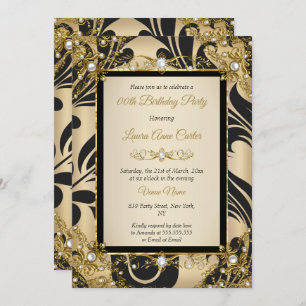 Black Damask Gold Beige Foto Geburtstagsparty Einladung