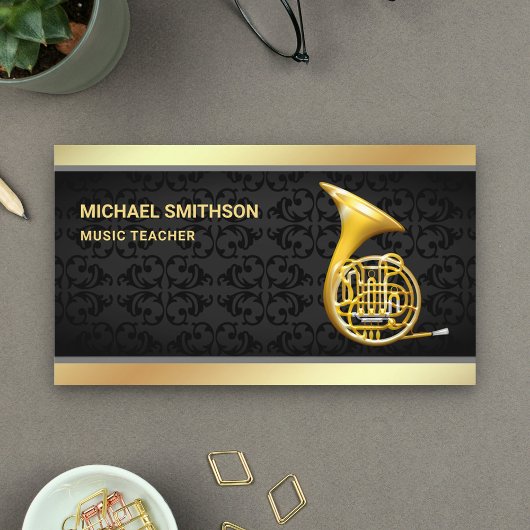 Black Damask Gold Foil Französischer Horn Music Le Visitenkarte