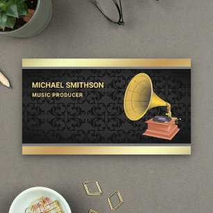 Black Damask Gold Foil Gramophone Music Producer Visitenkarte