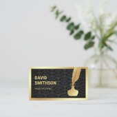 Black Damask Gold Foil Inkwell Feather Quill Pen Visitenkarte (Stehend Vorderseite)