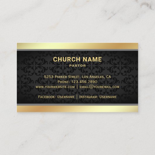 Black Damask Gold Foil Jesus Christ Cross Pastor Visitenkarte (Rückseite)