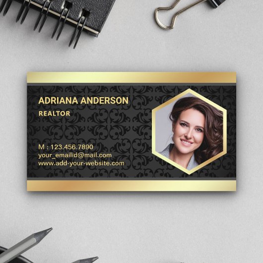 Black Damask Gold Foil Real Anwesen Foto Realtor Visitenkarte