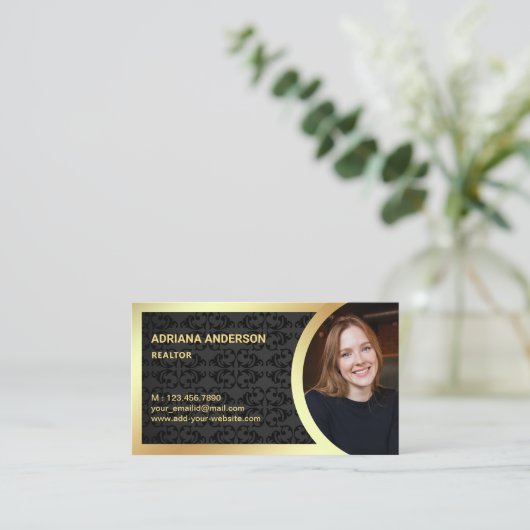 Black Damask Gold Foil Real Anwesen Foto Realtor Visitenkarte (Stehend Vorderseite)