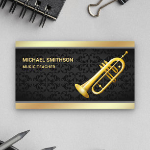 Black Damask Gold Foil Trumpet Music Teacher Visitenkarte