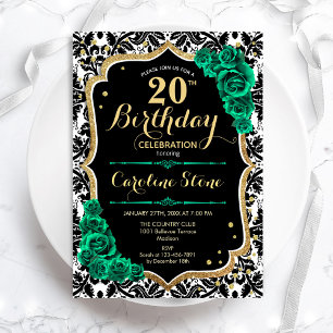 Black Damask Gold Green Rose 20. Geburtstag Einladung