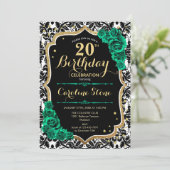 Black Damask Gold Green Rose 20. Geburtstag Einladung (Stehend Vorderseite)