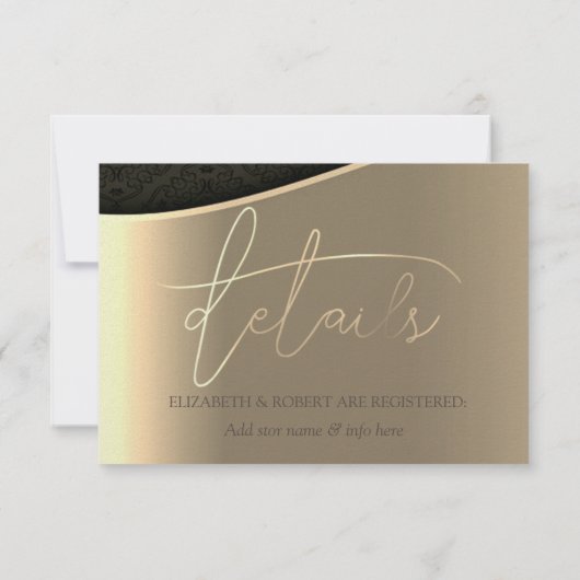 Black Damask Gold Hearts Wedding & Registry Einladung (Rückseite)