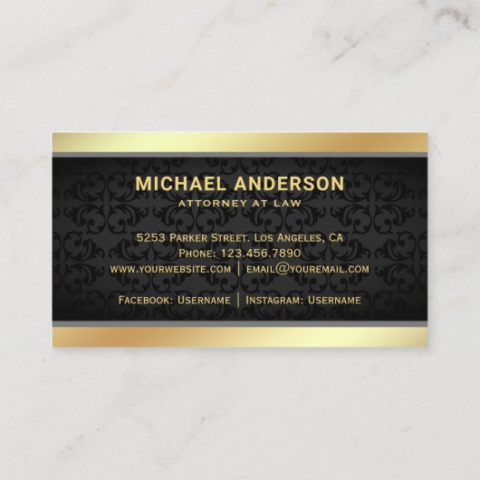 Black Damask Gold Justice Scale Rechtsanwältin Visitenkarte (Rückseite)