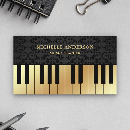 Black Damask Gold Piano Keyboard Teacher Pianist Visitenkarte