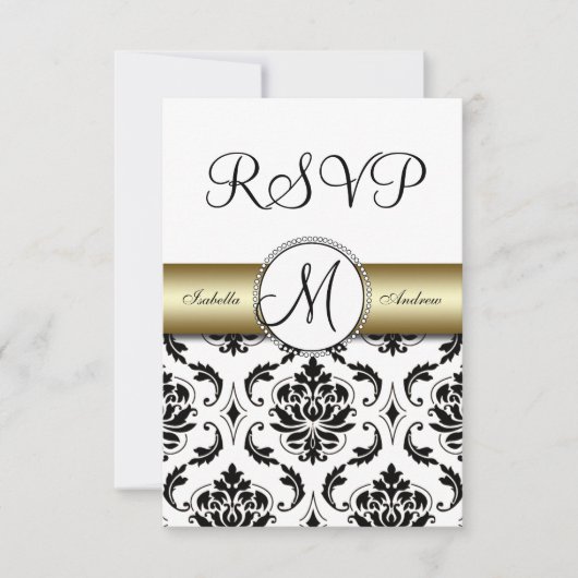 Black Damask Gold Wedding RSVP Karte (Vorderseite)