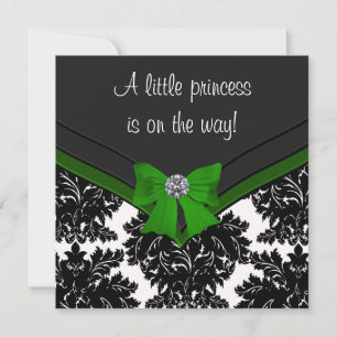 Black Damask Green Bow Princess Babydusche Einladung
