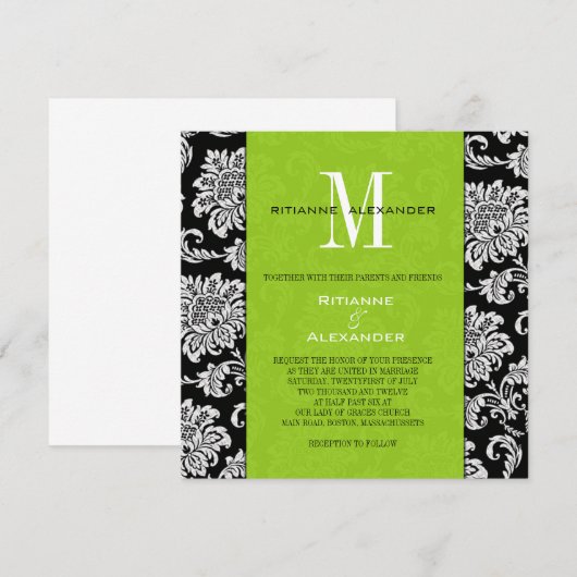 Black Damask Green Monogram Wedding Einladung (Vorne/Hinten)