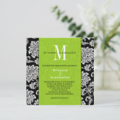 Black Damask Green Monogram Wedding Einladung (Stehend Vorderseite)