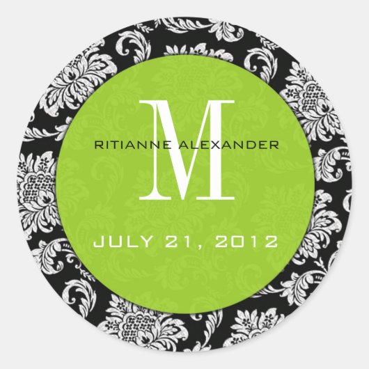 Black Damask Green Monogram Wedding Sticker (Vorderseite)