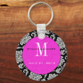 Black Damask Hot Pink Monogram Wedding Schlüsselan Schlüsselanhänger (Vorderseite)