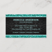 Black Damask Imitats Aquamarin Minze Glitzer Royal Visitenkarte (Rückseite)
