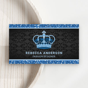 Black Damask Imitats Blue Glitzer Royal Crown Visitenkarte