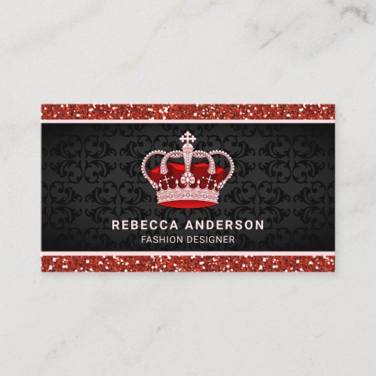Black Damask Imitats Roter Glitzer Royal Crown Visitenkarte (Vorderseite)