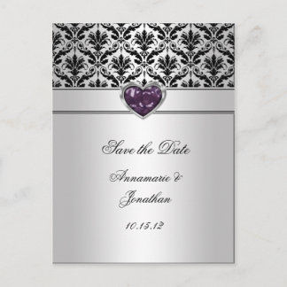 Black Damask Lila Jewel Heart Silver Rettete The D Ankündigungspostkarte