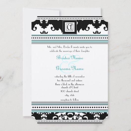 Black Damask mit Aqua Trim Wedding Einladung (Vorderseite)