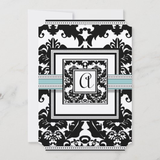 Black Damask mit Aqua Trim Wedding Einladung (Rückseite)