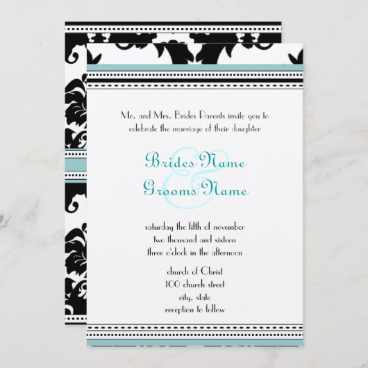 Black Damask mit Aqua Trim Wedding Einladung (Vorne/Hinten)