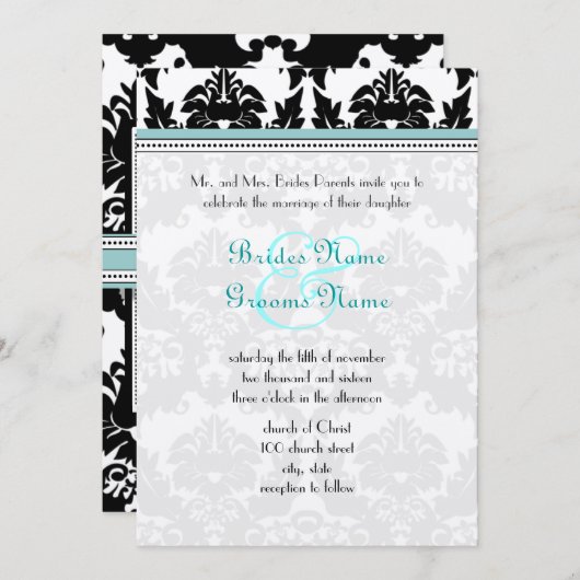 Black Damask mit Aqua Trim Wedding Einladung (Vorne/Hinten)