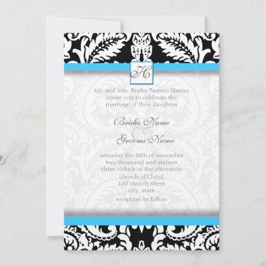 Black Damask mit Bright Aqua Wedding Einladungen (Vorderseite)