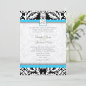 Black Damask mit Bright Aqua Wedding Einladungen (Stehend Vorderseite)
