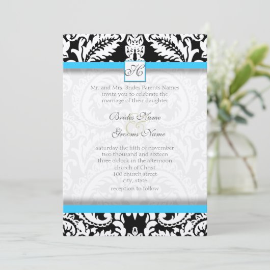 Black Damask mit Bright Aqua Wedding Einladungen (Stehend Vorderseite)