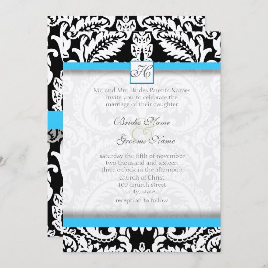 Black Damask mit Bright Aqua Wedding Einladungen (Vorne/Hinten)