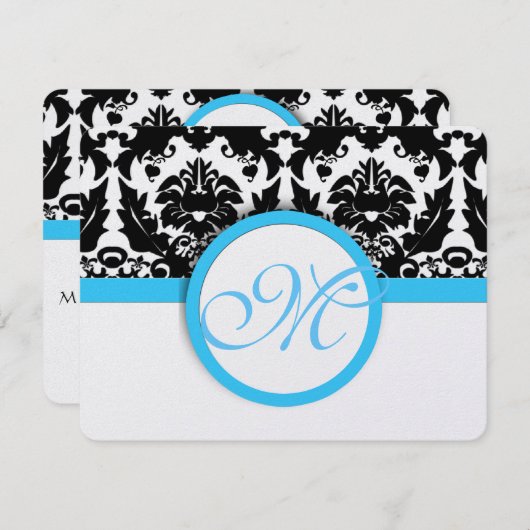 Black Damask mit Light Bright Aqua Blue Wedding RSVP Karte (Vorne/Hinten)