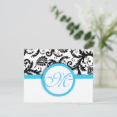 Black Damask mit Light Bright Aqua Blue Wedding RSVP Karte (Stehend Vorderseite)