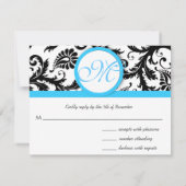 Black Damask mit Light Bright Aqua Blue Wedding RSVP Karte (Rückseite)