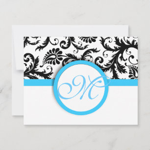 Black Damask mit Light Bright Aqua Blue Wedding RSVP Karte