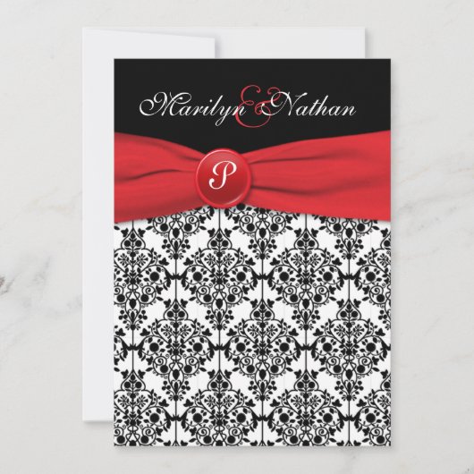 Black Damask mit Poppy Red Wedding Einladung (Vorderseite)