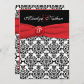 Black Damask mit Poppy Red Wedding Einladung (Vorne/Hinten)