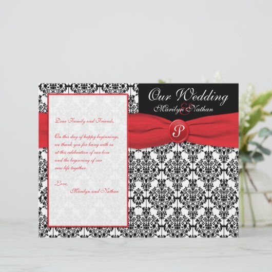 Black Damask mit Poppy Red Wedding Program (Stehend Vorderseite)