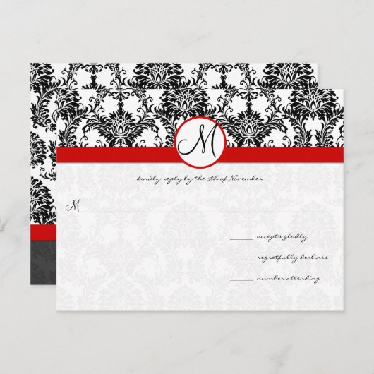 Black Damask mit Red Trim Wedding Einladung (Vorne/Hinten)