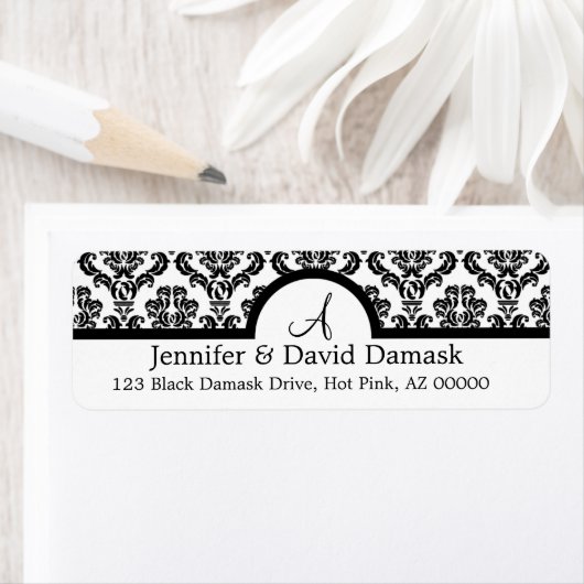 Black Damask Monogram Address Labels (Insitu)