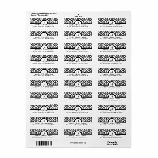 Black Damask Monogram Address Labels (Vorne)