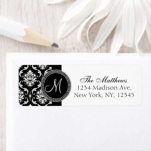 Black Damask Monogram Rücksendeadresse (Insitu)