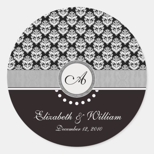 Black Damask Monogram Wedding Aufkleber (Vorderseite)
