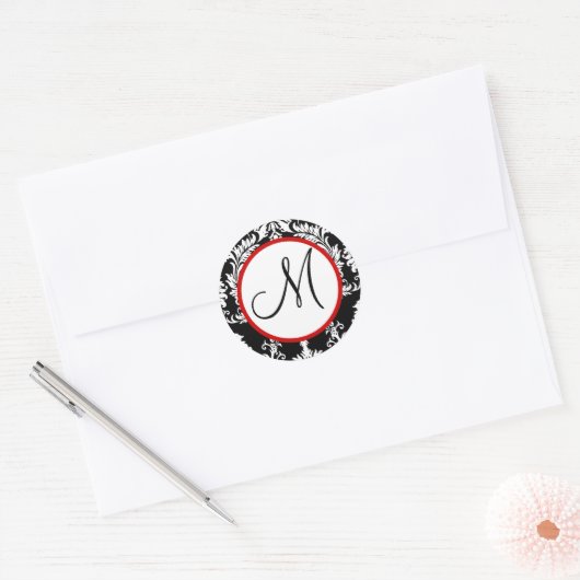 Black Damask Monogram Wedding Siegel Runder Aufkleber (Umschlag)