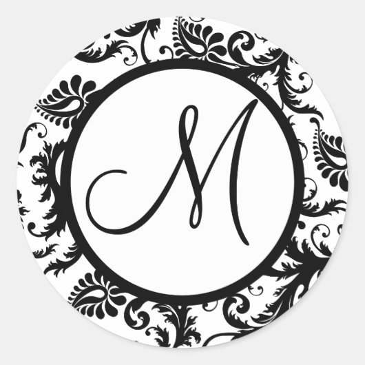Black Damask Monogram Wedding Siegel Runder Aufkleber (Vorderseite)