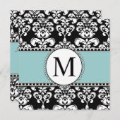 Black Damask Monogram Weditations Blue Einladung (Vorne/Hinten)