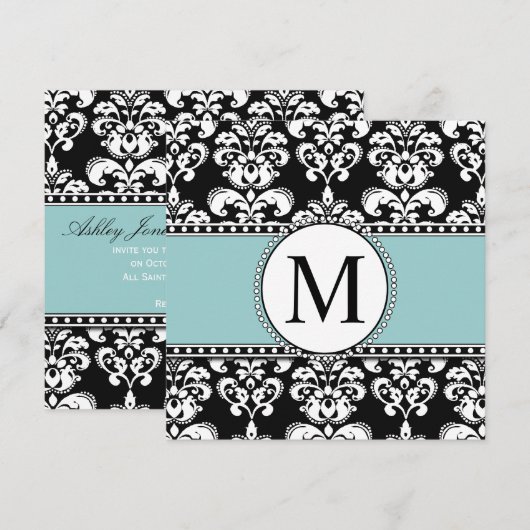 Black Damask Monogram Weditations Blue Einladung (Vorne/Hinten)