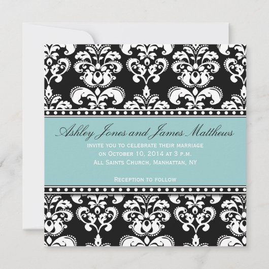 Black Damask Monogram Weditations Blue Einladung (Rückseite)
